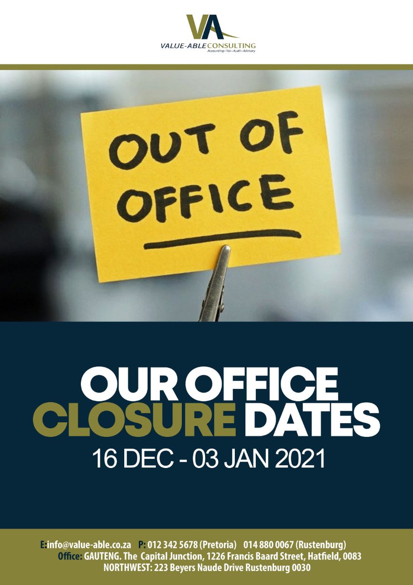 We will be closing for the holidays from the 16 December 2020 and returning on the  4 January 2021.  If you have any enquiries during this time, please email us on info@value-able.co.za
#closingfortheholidays
#happyholidays
#staysafe
#VAconsulting
#Value-AbleConsulting