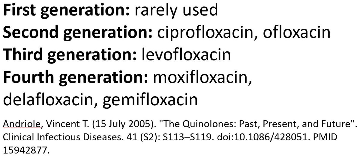 4/13Maybe not thought of as much as with cephalosporins, but fluoroquinolones can be classified into generations as well, based loosely on their spectrum of coverage (1st/2nd gen largely active against gram-negs, 3rd/4th gen have increased gram-pos and anaerobic activity).
