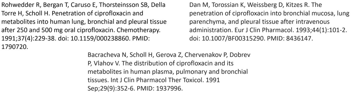 12/13Several studies from the 1990’s using high-performance liquid chromatography demonstrate ciprofloxacin’s lung tissue concentration to be AT LEAST 2-3x that of the plasma concentration.