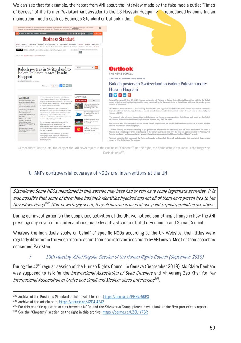 Page 50 of the EuDisinfoLab Report mentions how your (Hussain Haqqani’s) interview with ANI was amplified by Indian media’s propaganda machine for larger audiences by Business Standard & Outlook India to spread anti Pakistan propaganda to even wider global audiences./3