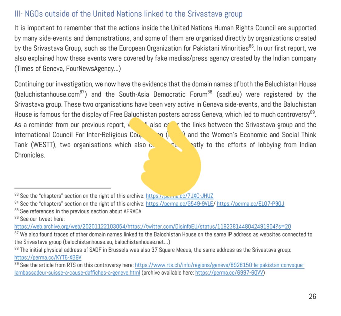 Page nr 26 of the report mentions how the anti Pakistan propaganda “FreeBalochistan” posters that you HHaqqani were defending in your ANI interview were actually organized & posted by the Srivastava Group that runs the entire disinformation campaign. https://www.disinfo.eu/wp-content/uploads/2020/12/Indian-chronicles_FULLREPORT.pdf/5