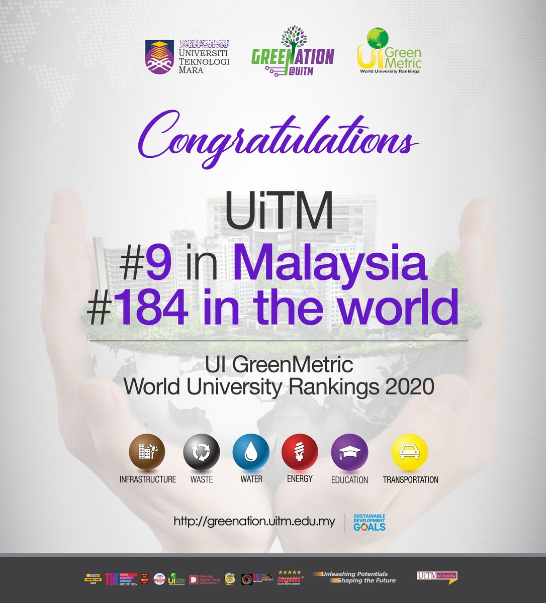 uitmofficial's tweet photo. Congratulations #UiTM
#9 in Malaysia
#184 in the world
UI GreenMetric World University Rankings 2020
#uigreenmetrics
#unleashingpotentialsshapingthefuture
#kitaUiTM
#UiTMdihatiku https://t.co/QrnOpOeklB