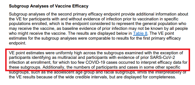 Interesting that Pfizer submitted EUA to include: Pts who had prior SARS infection (n=1 comparator)Despite the statement "...too few COVID cases occurred to interpret efficacy data for these subgroups"Relied on the 85% non-infected pts to boost up these stats.