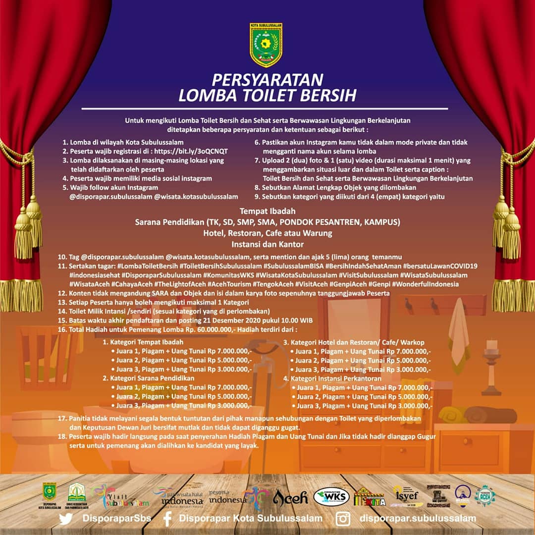 Yuk ikutan Lomba Toilet Bersih

#LombaToiletBersih #SubulussalamBISA #BersihIndahSehatAman #indonesiasehat #DisporaparSubulussalam #WisataKotaSubulussalam #VisitSubulussalam #WisataSubulussalam #WisataAceh #CahayaAceh #TheLightofAceh #AcehTourism #VisitAceh #GenpiAceh