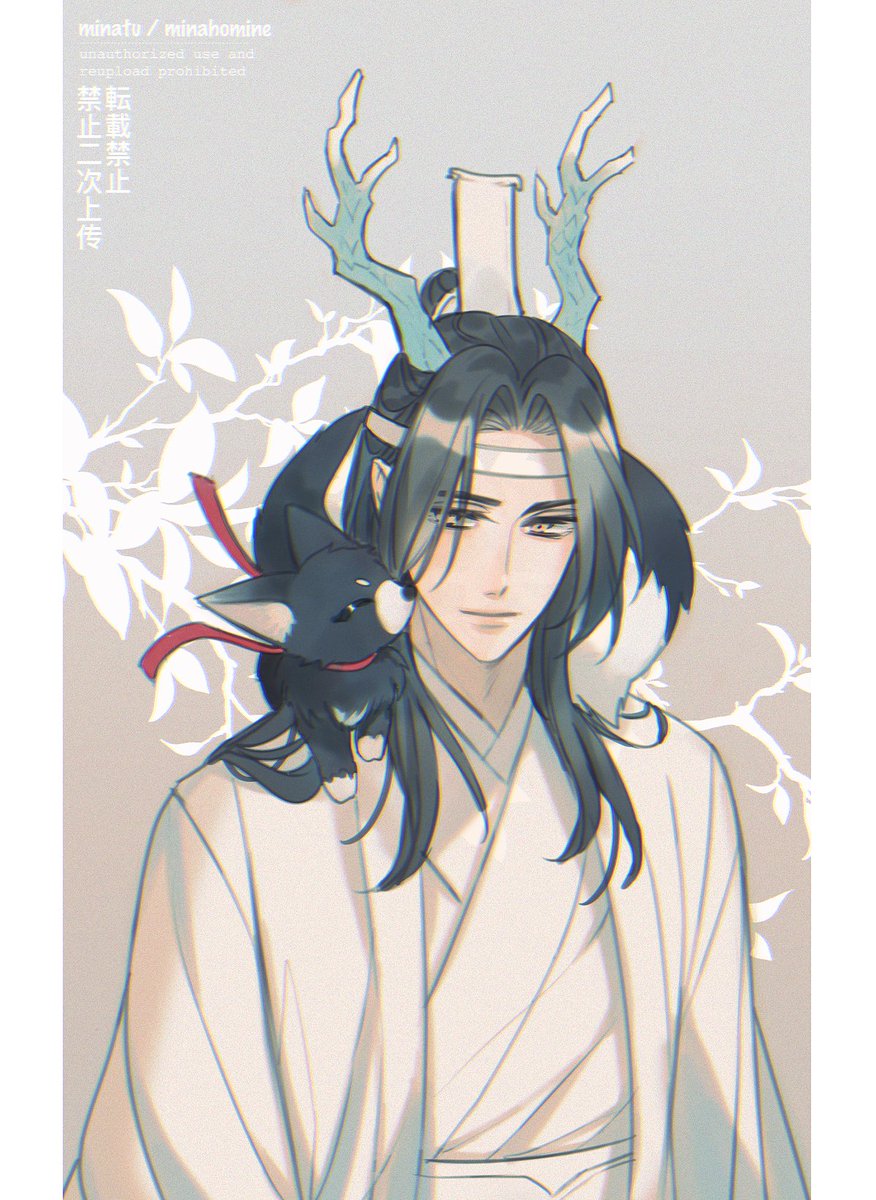 1boy male focus black hair long hair antlers animal on shoulder headband  illustration images