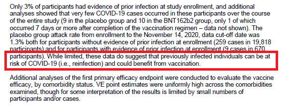 And is it fair to include the statement "While limited, these data do suggest that previously infected individuals can be at risk of COVID and could benefit from vax". (p28)Where are the data to show the vaccine benefit (if n=1 in both arms) and based on your other statement?