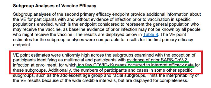 And is it fair to include the statement "While limited, these data do suggest that previously infected individuals can be at risk of COVID and could benefit from vax". (p28)Where are the data to show the vaccine benefit (if n=1 in both arms) and based on your other statement?