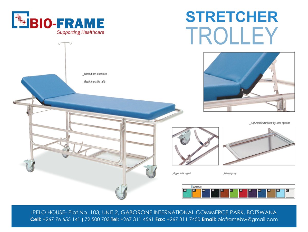 STRETCHER TROLLEY

For more information about our products, visit our website at; bio-frame.co.bw, OR call us; +267 3114561, +267 76655141/ 72500703, Email: bioframebw@gmail.com

#SupportingHealthcare
#GoodMedicalEquipmentGoodHealthcare