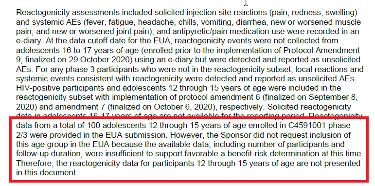 Related to younger patients, a statement on p15 concerned me (regarding 100 pts ages 12-15):"...the available data were insufficient to support a FAVORABLE benefit-risk determination at this time."Is there something they know but haven't shared with us?