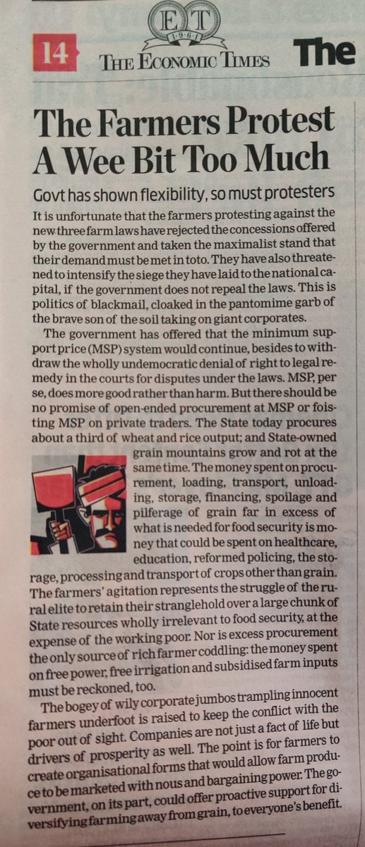 A very timely editorial by  @EconomicTimes. Fact is the  #Farmers issues &  #FarmersProtests has meant  #FarmerPolitics &  #FarmerProtestHijacked which has very dangerous portents. It's not just the maximalistic position but raising of the bar to say that negotiation is with a gun.
