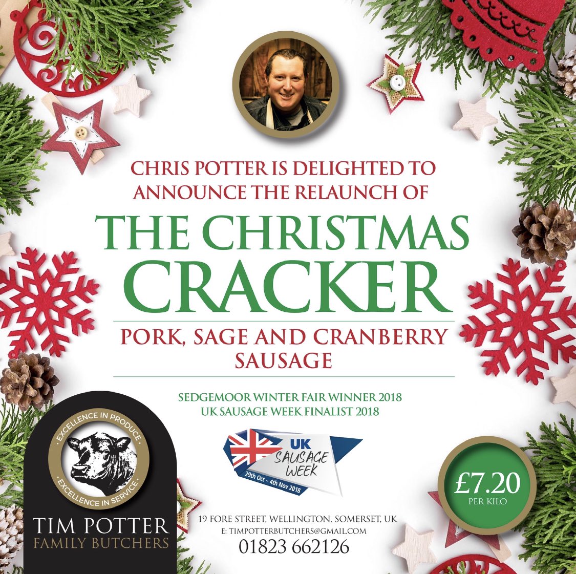 #FestiveFriday Due to popular demand, the multi-award-winning **CHRISTMAS CRACKER** is back!! Pop into the shop today and grab some for dinner! See our full range of sausages on the website: timpotterbutchers.co.uk/product-catego…