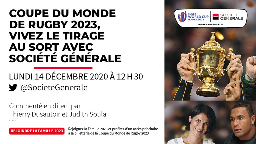 [#Rugby 🏉📺#Live ] ⏰ Rendez-vous lundi à 12h30 (heure de Paris) pour suivre le tirage au sort de la #RWC2023 en exclusivité aux cotés de notre ambassadeur rugby <a href="/TitiDusautoir/">Thierry Dusautoir</a> et <a href="/JSoula/">judith soula</a> !
#BecauseWeLoveRugby