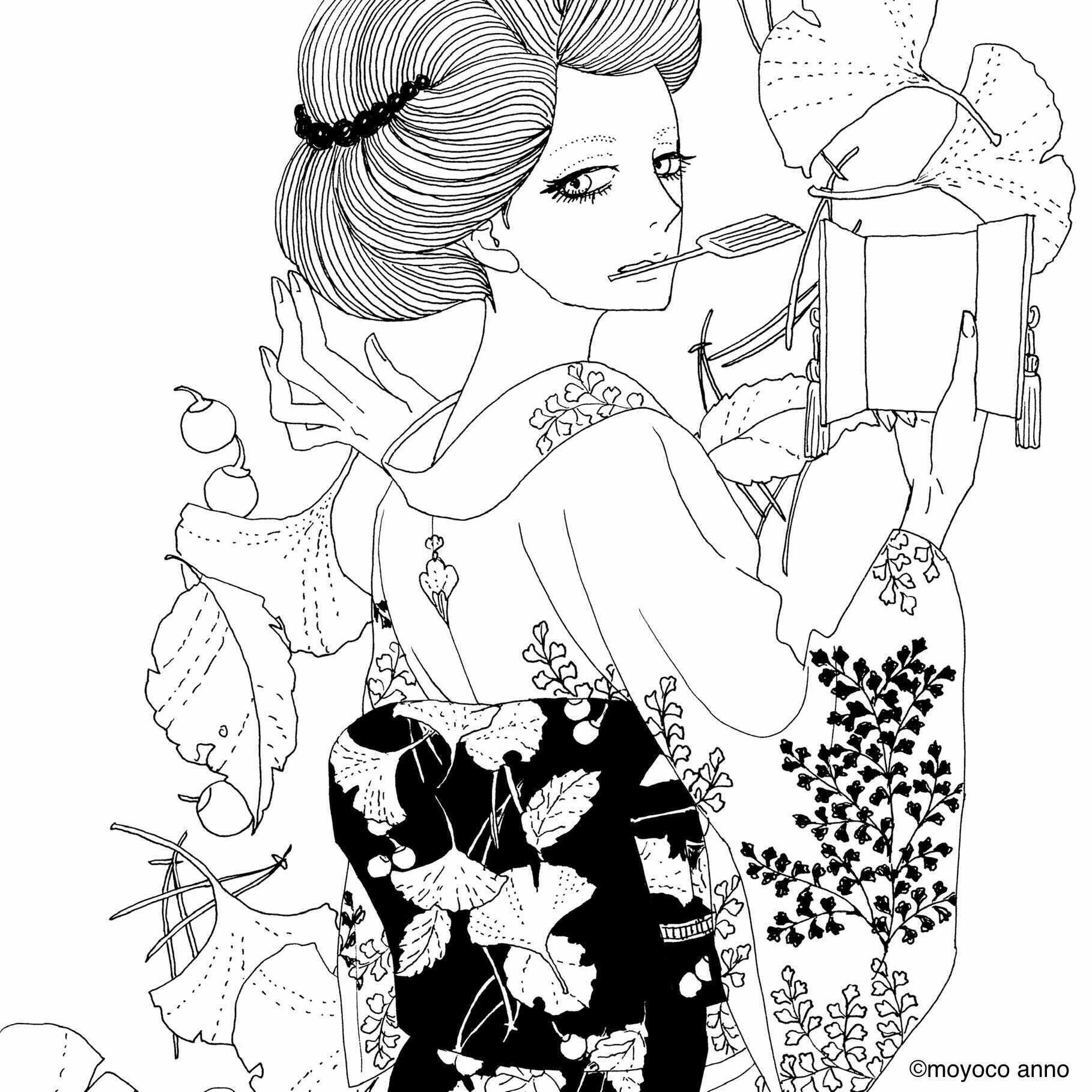 安野モヨコ 線画の完成形はこちら 描いていた髪の毛 そして着物など 繊細な描写を楽しんでいただける 流麗なイラスト これに着彩したものが カレンダーに収録されます こんな描き下ろしイラストが8点入った 和のカレンダーは予約受付中 予約は