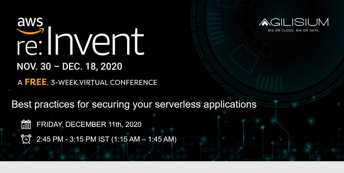 agilisium's tweet image. Join this session and learn the best practices for securing your serverless applications.
virtual.awsevents.com/media/1_ew2a72…
#bestpractices #awsserverless #aws #reInvent