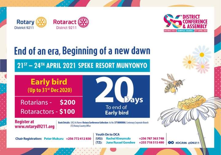We have only 20 days to close Early bird registration. Don't be left out.. Pay for early bird and let's enjoy vegas night together at the Last DCA in District 9211.
 rotaryd9211.org #DCA96