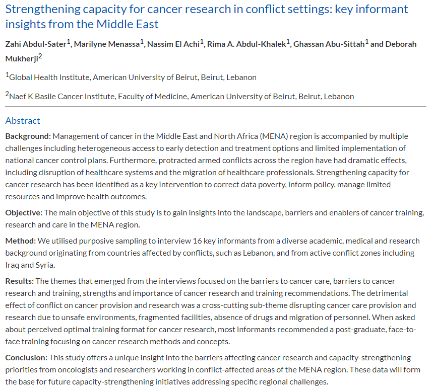 abdulsaterz's tweet photo. In our newly published article in @ecancer, we discuss strengthening cancer research capacity in conflict settings. This will lay the foundation for upcoming capacity building initiatives as part of @r4hcmena cancer workstream at @ghiaub 
check it out: https://t.co/xee7db6h6Y https://t.co/jFEz7V6ZMu