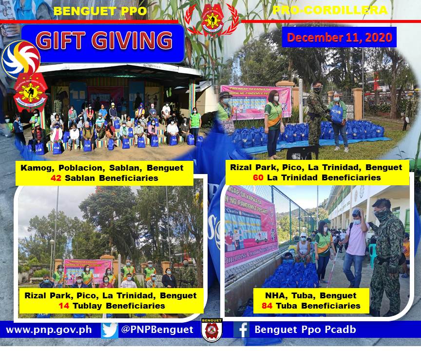 PNPBenguet_PPO's tweet photo. Look: 200 Food Packs distributed by PCSO Baguio-Benguet headed by Dr. Erneili Dancel and personnel of Benguet PPO in the municipalities of Sablan, Tuba, and La Trinidad, Benguet.
"Paglingap sa Kapwa sa Panahon ng Pandemya Project."
#TeamPCSO
#TeamPNP
#SharingIsCaring https://t.co/SQ9SWmdV55