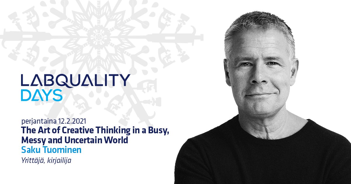 Yrittäjä ja kirjailija <a href="/SakuTuominen/">sakutuominen</a> puhuu luovuuden puolesta #LabqualityDays-tapahtumassa. 
”Terveydenhuollon aloilla toimiville luovuus on ihan keskeistä, kuten tämä aika on osoittanut”, Tuominen sanoo. Lue lisää ja ilmoittaudu mukaan: bit.ly/2JLCOXr