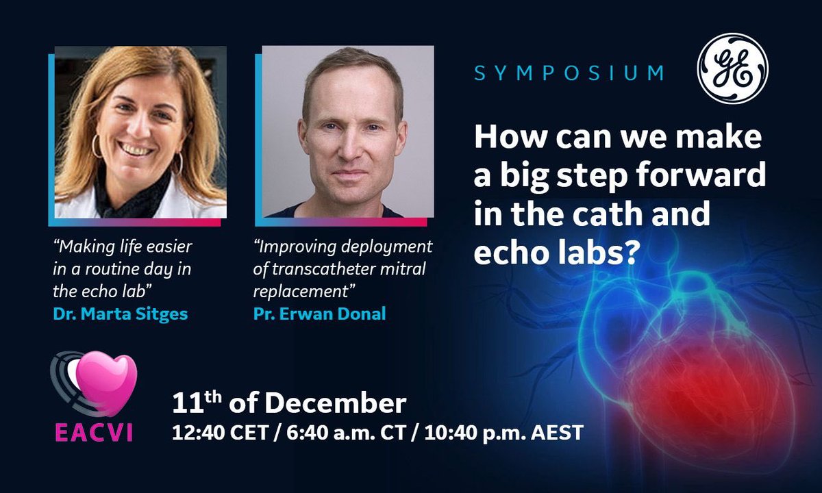 EACVI starts today ! Join our satellite symposium with Marta Sitges &amp; erwan donal ! 
"How can we make a big step forward in the cath and echo labs”. 
lnkd.in/dWrmrWV. 
#gehealthcare #vivid #ai #mitral