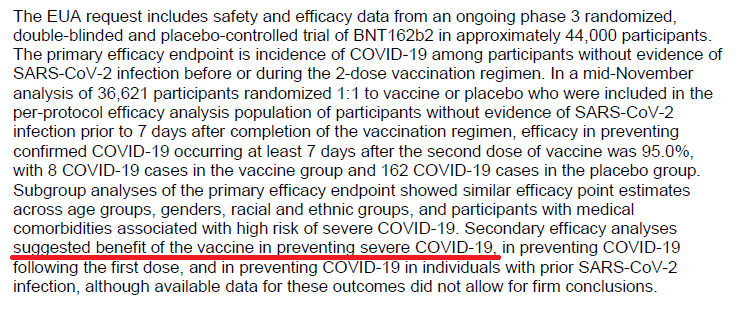 Similar to the above...Is it really fair to make the statement "...Secondary efficacy analyses suggested benefit of the vax in preventing severe COVID..." (quoted from the Executive Summary) when there were only 10 pts (out of 44,000) & denominator of 3 (evaluable population)?