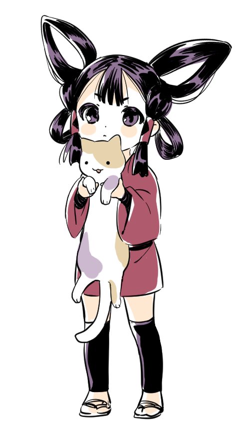 1girl black hair holding animal japanese clothes hair rings cat black eyes  illustration images