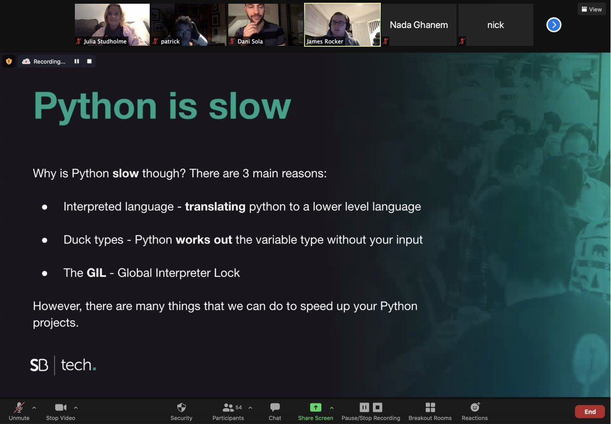 TechSB's tweet photo. One of our final events for 2020, a fantastic evening with the #LondonPython Meetup team! π₯
2 great talks from our very own Director of Data @dani_sola & our Data Engineer, James Rocker on High Performance Pythonπ
Recordings of both talks will be on our website very soon! π https://t.co/qzjHDzMX7u