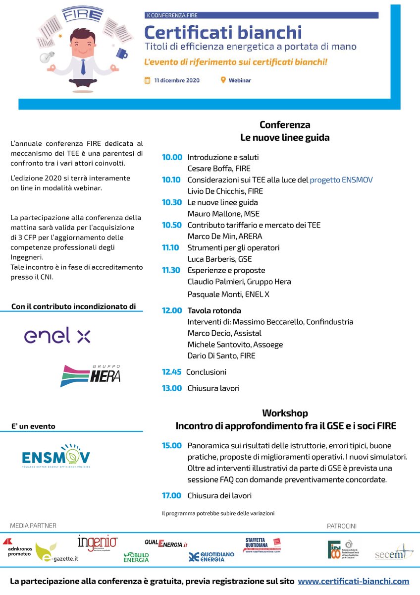 FIRE_ita's tweet photo. Sta per iniziare la

X Conferenza FIRE
"CertificatiBianchi: titoli di efficienza energetica a portata di mano”

@EnelXItalia @GruppoHera 
@GSErinnovabili @MISE_GOV @ARERA_it @assistal @Assoege @Confindustria 
#TEE #incentivi #certificatibianchi https://t.co/mlcwdG8A1H