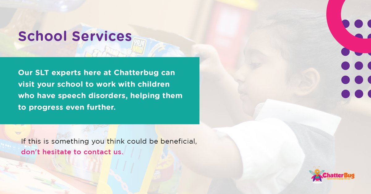 ChatterbugSLT's tweet image. 📣 School Services 📣

Our #SLT experts here at #Chatterbug can visit your school to work with children who have speech disorders, helping them to progress even further.

If this is something you think could be beneficial, don&apos;t hesitate to contact us.  chatter-bug.com/contact/