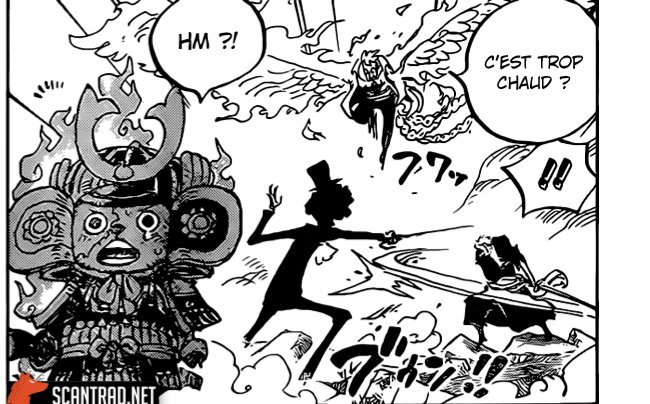 On repasse en suite très rapidement à l'interieur du dôme, dans la fosse. Avec un chopper recouvert de flamme et ce qui est drôle c'3st qu'il croit être attaqué au brook et zoro attaquent donc en retour (pas vraiment serieusement) Marco qui esquive facilement la double attaque!