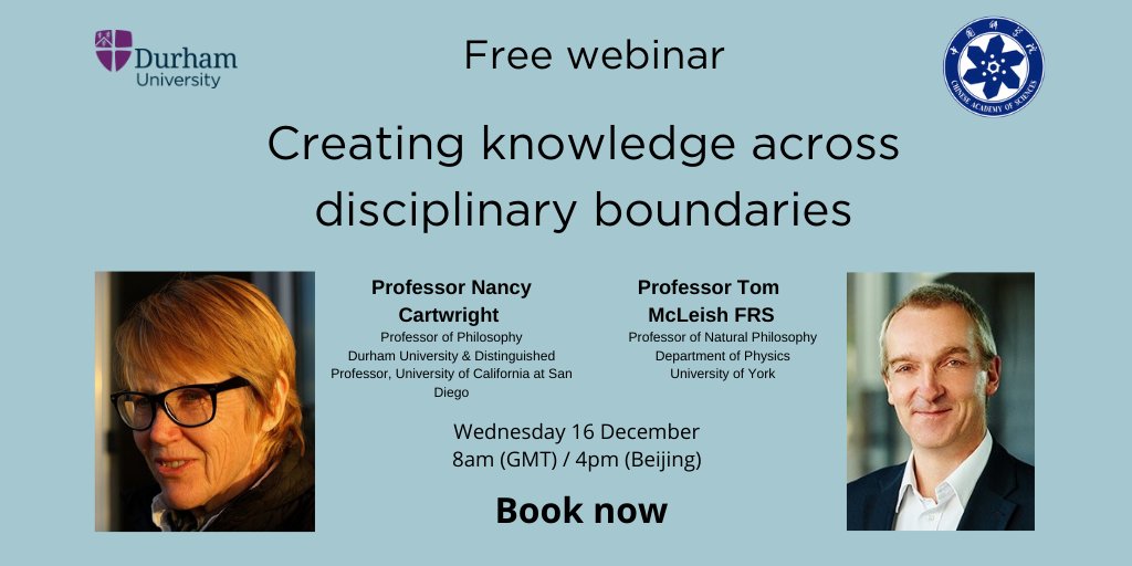 Durham University (@durham_uni) on Twitter photo Are you a researcher working with colleagues in other disciplines?
Why not join us for this free webinar on 16 December where Professors Nancy Cartwright and <a href="/mcleish_t/">Tom McLeish</a> will share the challenges and opportunities.
Find out more and register here 👉 fal.cn/3c9Oc Are you a researcher working with colleagues in other disciplines?
Why not join us for this free webinar on 16 December where Professors Nancy Cartwright and <a href="/mcleish_t/">Tom McLeish</a> will share the challenges and opportunities.
Find out more and register here 👉 fal.cn/3c9Oc