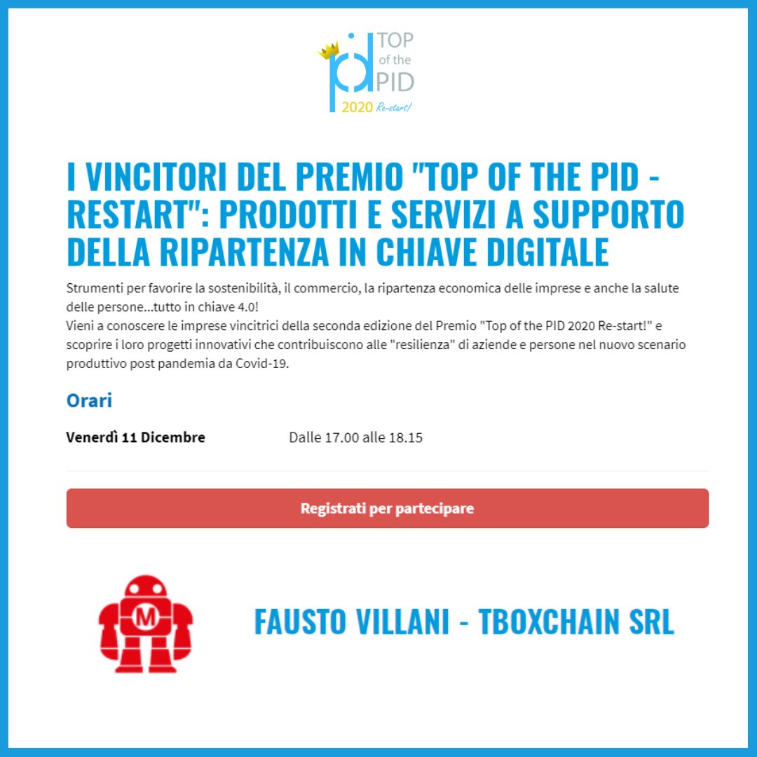 tboxchain's tweet photo. 🏅 TBoxChain vincitore del Premio Top of the PID - Restart! 🤩
Oggi alle 17 con Fausto Villani per conoscere l'innovazione #blockchain e tutti gli strumenti per favorire la ripartenza economica!
Per chi vuole partecipare, ecco il link di registrazione 👉 https://t.co/cvfPFmHw4m https://t.co/fHNIjIW5IN
