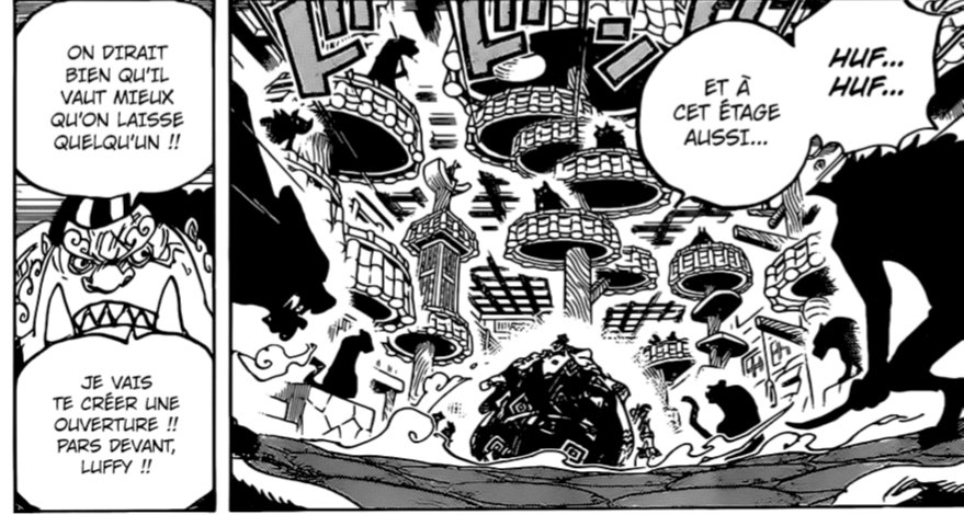 On est à l'avant dernier étage avant le toit (le dernier étage pour le 999 comme prévu) et jinbe suggere de rester ici pour que luffy puisse avancé ce qui est tout a fait logique! Car a mon sens luffy sera le seul mugi a atteindre le toit au chapitre 1000