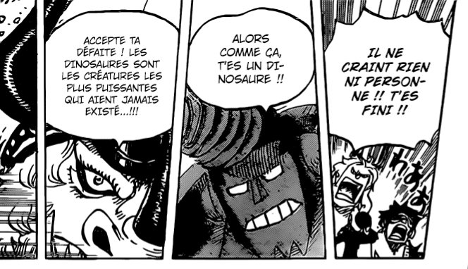 On passe en suite sur franky avec l'avancement sur le combat contre sasaki et Oda nous gratifie d'une 3ème double page magnifique. Avec la présentation du zoan de sasaki le tricératops. Qui est logique par son charadesign (les cornes) mais j'aurai bien voulu l'ankylosaure mdr