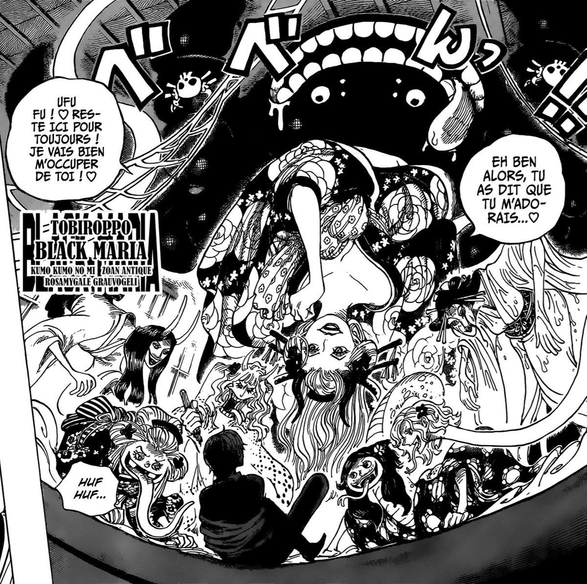 On passe en suite sur sanji poursuivi par les gifter de Black Maria et Oda enchaine sur une autre double page qui la concerne ! Et cette fois bingo BMaria a un zoan antique model Arraigné j'avais raison! Par contre petite particularite. Il semble que son zoan ait donc 2 visage