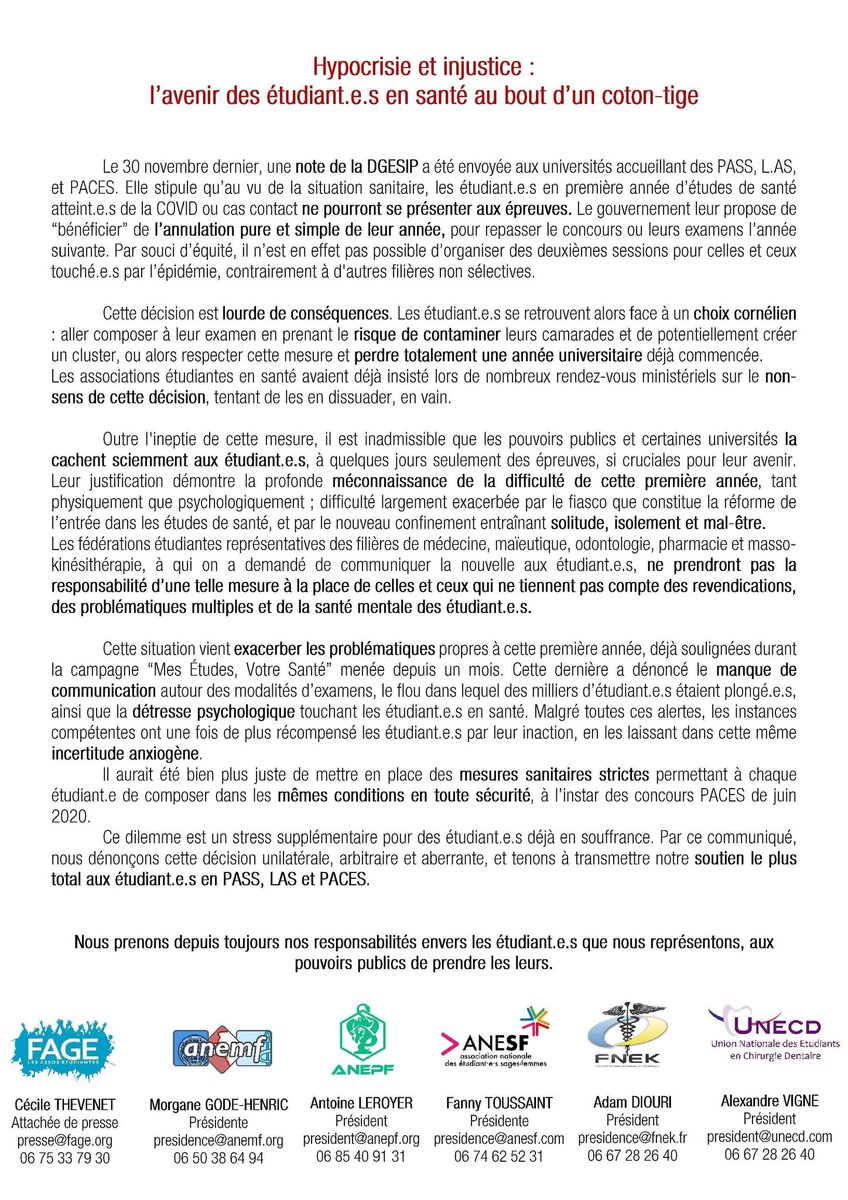 La_FAGE's tweet photo. “Nous dénonçons cette décision unilatérale, arbitraire et aberrante.”

Déjà éprouvé.e.s par une #R1C bâclée, la santé mentale des #étudiant.e.s en #santé est de nouveau en danger. Quand le @gouvernementFR se décidera-t-il à agir dans leur intérêt? https://t.co/zufOxWtHvf