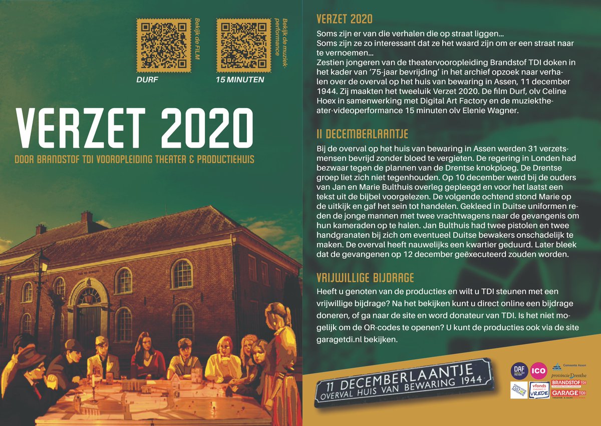 Theatervooropleiding #BrandstofTDI @garageTDI  maakte het tweeluik #Verzet2020. In samenwerking met #DigitalArtFactory van het ICO. 
Vandaag is de première. Nieuwsgierig? Met deze QR-codes kun je het tweeluik gratis downloaden! #11december