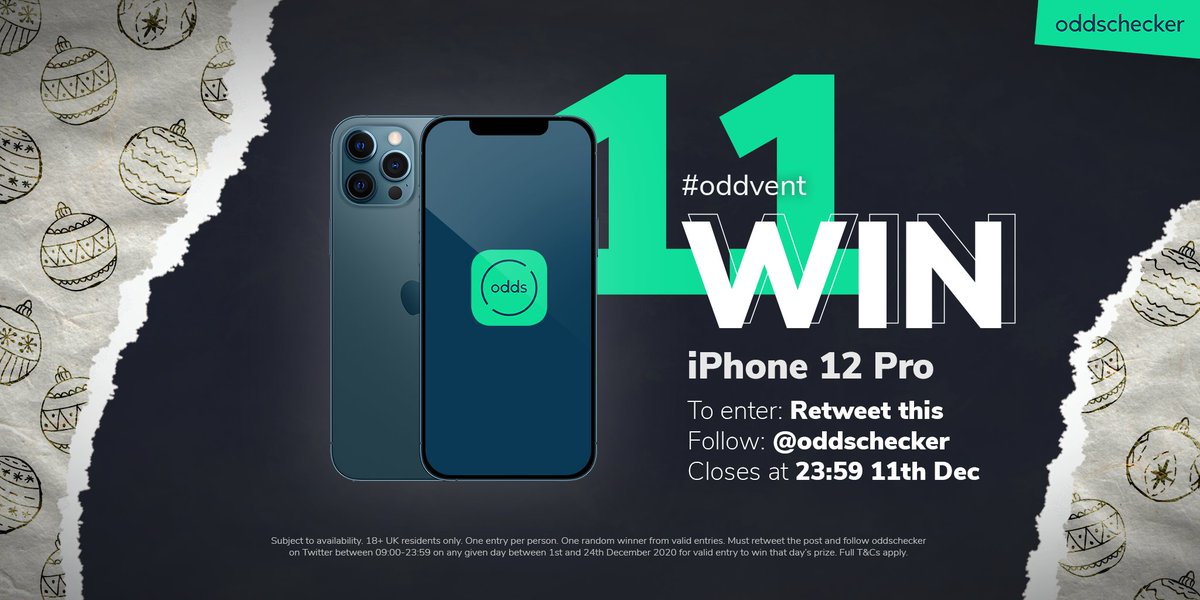 oddschecker (@oddschecker) on Twitter photo 🎄 Day 11 of #oddvent 🎄
📱 Win an iPhone 12 Pro!
To enter:
→ Follow <a href="/oddschecker/">oddschecker</a>
→ Retweet this giveaway tweet
🔞 T&Cs apply: bit.ly/oddventTCs 🎄 Day 11 of #oddvent 🎄
📱 Win an iPhone 12 Pro!
To enter:
→ Follow <a href="/oddschecker/">oddschecker</a>
→ Retweet this giveaway tweet
🔞 T&Cs apply: bit.ly/oddventTCs