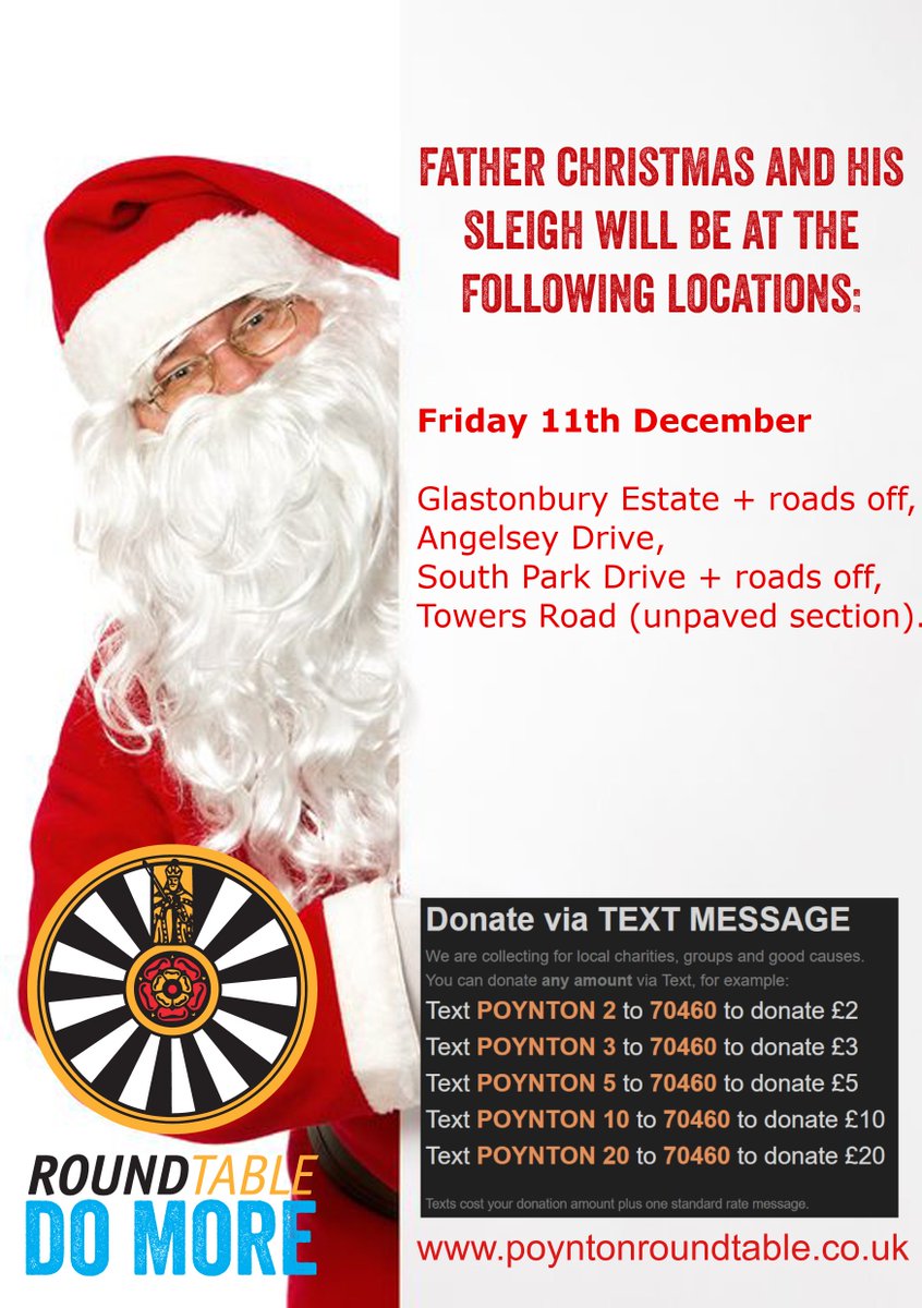Ho Ho Ho 🎅
Details of Santa's plans in #Poynton tonight.
To be COVID safe we will not be collecting cash and will not be taking card payment on the Santa Sleigh this year. You can however still show your support and donate to us - poyntonroundtable.co.uk/santa.html