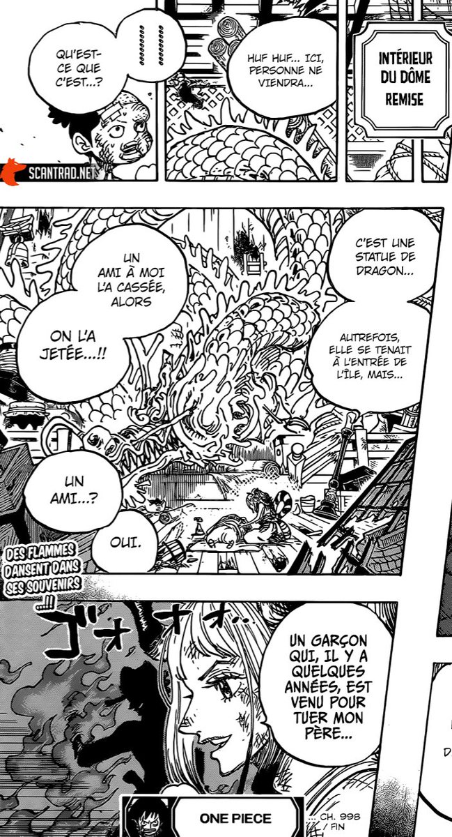 Et enfin on fini le tour d'orizon de toutes les zone des allié mise à part le toit, sur Yamato et momo devant une statu qui semble avoir été fondu. Et Yamato nous révèle qu'Ace est venu pour tuer Kaido!Pourqioi? Pourqui? On le saura bien assez tôt!