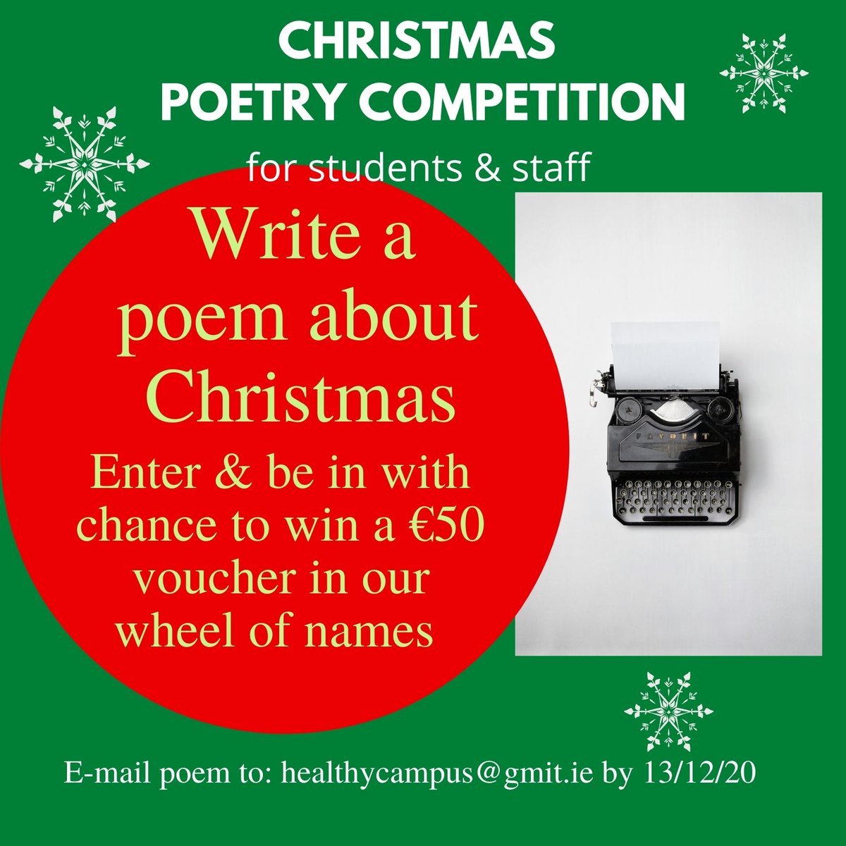 #ChristmasWeek - some lovely #ChristmasPoems coming in. So many talented poets in GMIT staff & students. Submit poem to healthycampus@gmit.ie by Sunday. Remember we also have a #disability #poetrycompetition running until 18/12
@GMITSU @GMITMayoCampus @GMITLetterfrack @GMIT_CCAM