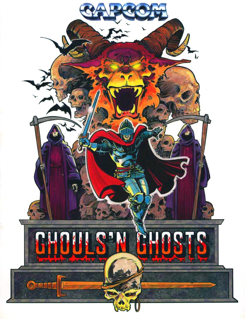 When DaiMakaimura / Ghouls'n Ghosts was released in the West, Frank Cirroco (who has done several illustrations for games produced by Capcom such as Final Fight, Dynasty Wars and the NES version of Bionic Commando) did the flyer illustration and the cabinet artwork.