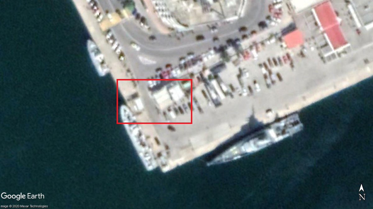 [8] We weren't able to identify where exactly this isobox is located, yet we have to note that published footage and satellite imagery provide evidence of isoboxes being installed on within the port of Mytilini in  #lesvos in close proximity to the building of the Port Authority.>