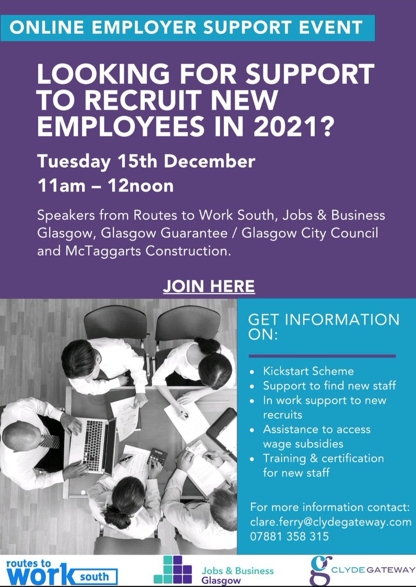 clydegateway's tweet photo. Are you thinking of recruiting new staff in 2021 and wondering of what support is available? 

Join us on Tuesday 15th December to find out more.

Please email clare.ferry@clydegateway.com for the Teams link.

#EmployerSupport #ThisIsThePlace https://t.co/PuSXWlJmvT