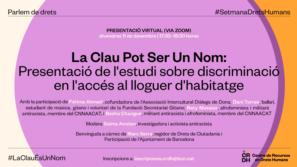 BCN_CiutatDrets's tweet photo. 📢Avui a les 17:30 h presentem l'estudi complet i parlem de la discriminació racista en l'accés al lloguer amb persones que l'han patit i activistes antiracistes.

💻Serà via Zoom.

✍️Us hi podeu inscriure a inscripcions.crdh@bcn.cat

#SetmanaDretsHumans https://t.co/kQDcaqFg36