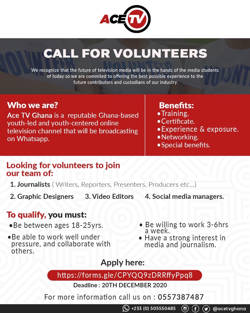 We are open @acetvghana  for volunteers to work with in our various fields interested people can fill the forms below forms.gle/CPYQQ9zDRRffyP…