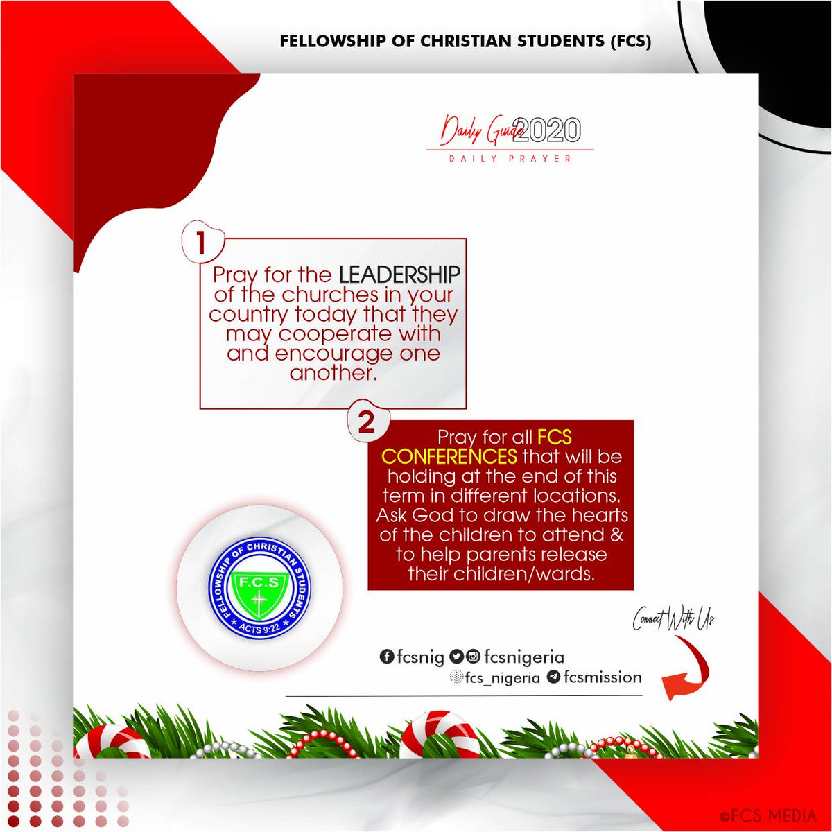 fcsnigeria's tweet photo. #prayerfortoday : Pray for the leadership of the churches in your country today that they may cooperate with and encourage one another.
#fcsnigeria
#fcsdailyguide
#dailyprayer
#fcs63rdanniversary https://t.co/N2OW0grvnd