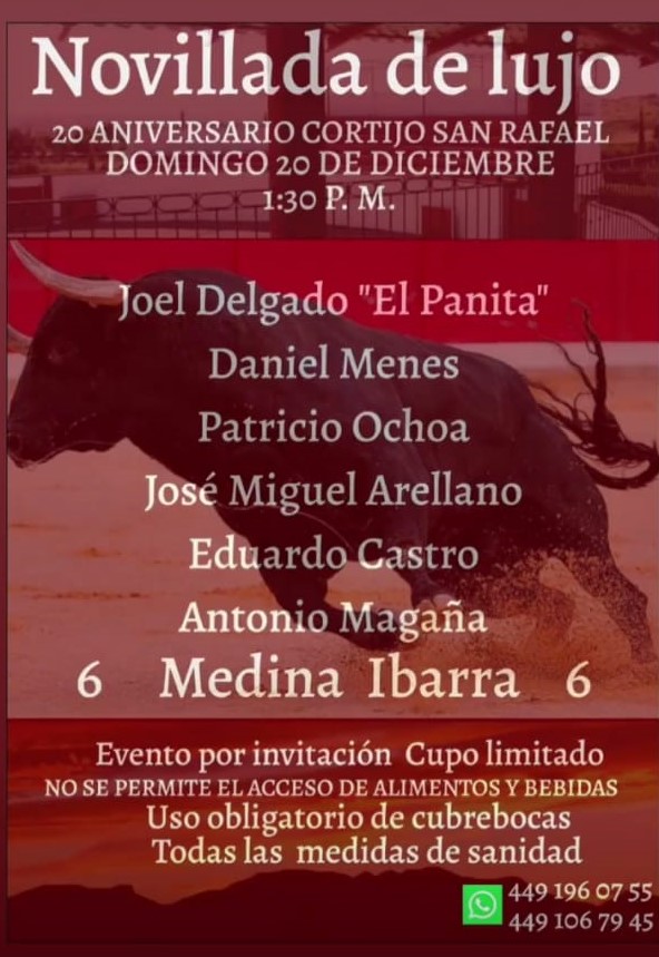 Aguascalientes MEX Cortijo San Rafael festival privado por invitación con reses de <a href="/MedinaIbarra1/">TorosMedinaIbarra</a> para @JoelGitano96 ‘El Panita’, el español <a href="/menesseldani/">Daniel Menés</a>, Patricio <a href="/8a_pato/">Pato villi 8a</a>, <a href="/JMArellano97/">Jose Miguel Arellano</a>, Eduardo Castro y 
@_AntonioMagana_ ya dimos el cartel AQUÍ el afiche <a href="/portaltaurino/">Portal Taurino</a>