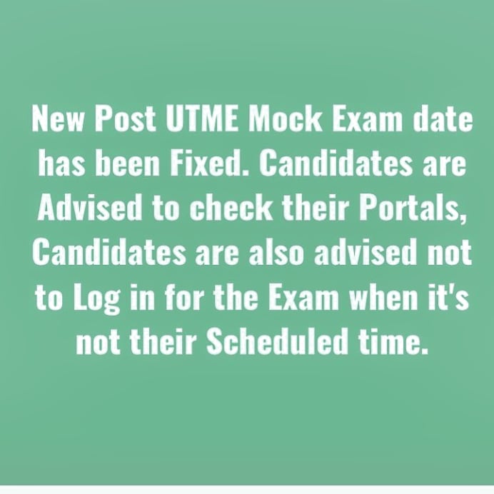 POST UTME Update: Mock Exams Rescheduled 

Candidates are strongly advised not to login before designated time. Failure to adhere can translate to a Ban from the Exercise.

#OOU #Campusmirror #ooupostutmescreening