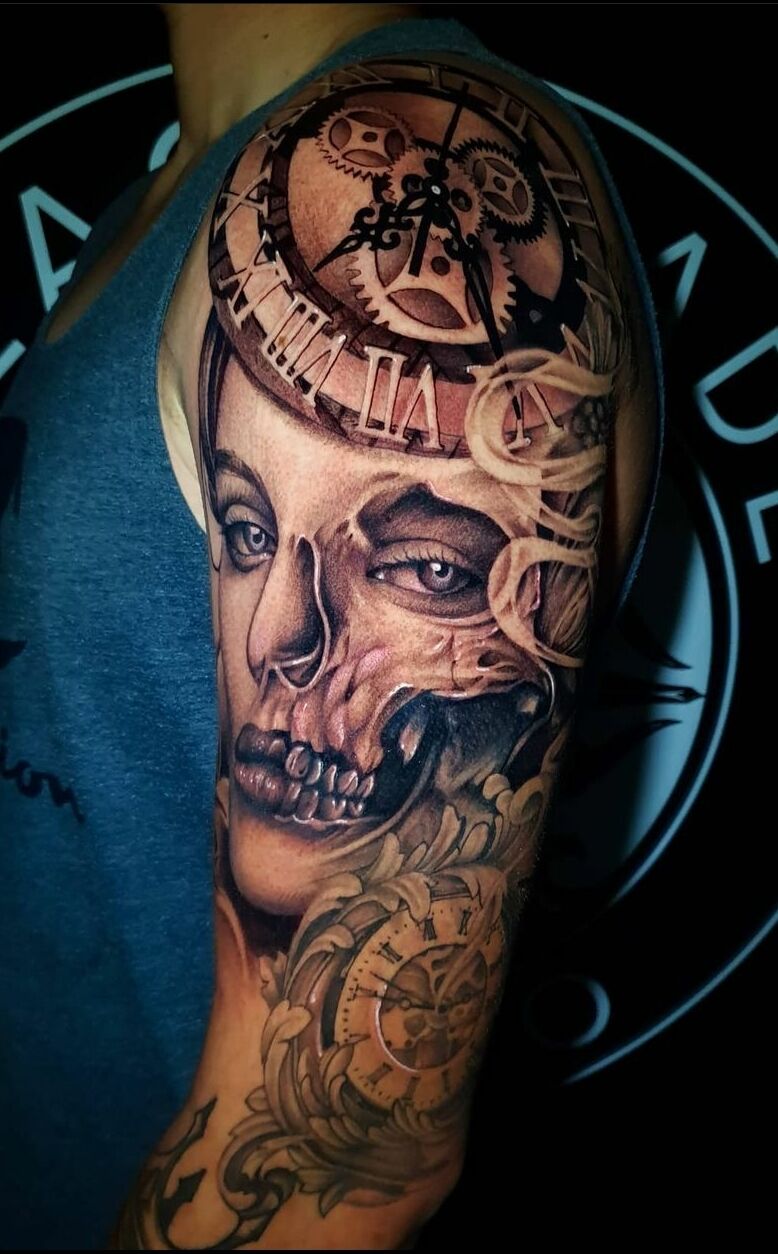 Black and Grey Skull And Compass With Clock Tattoo Idea  BlackInk