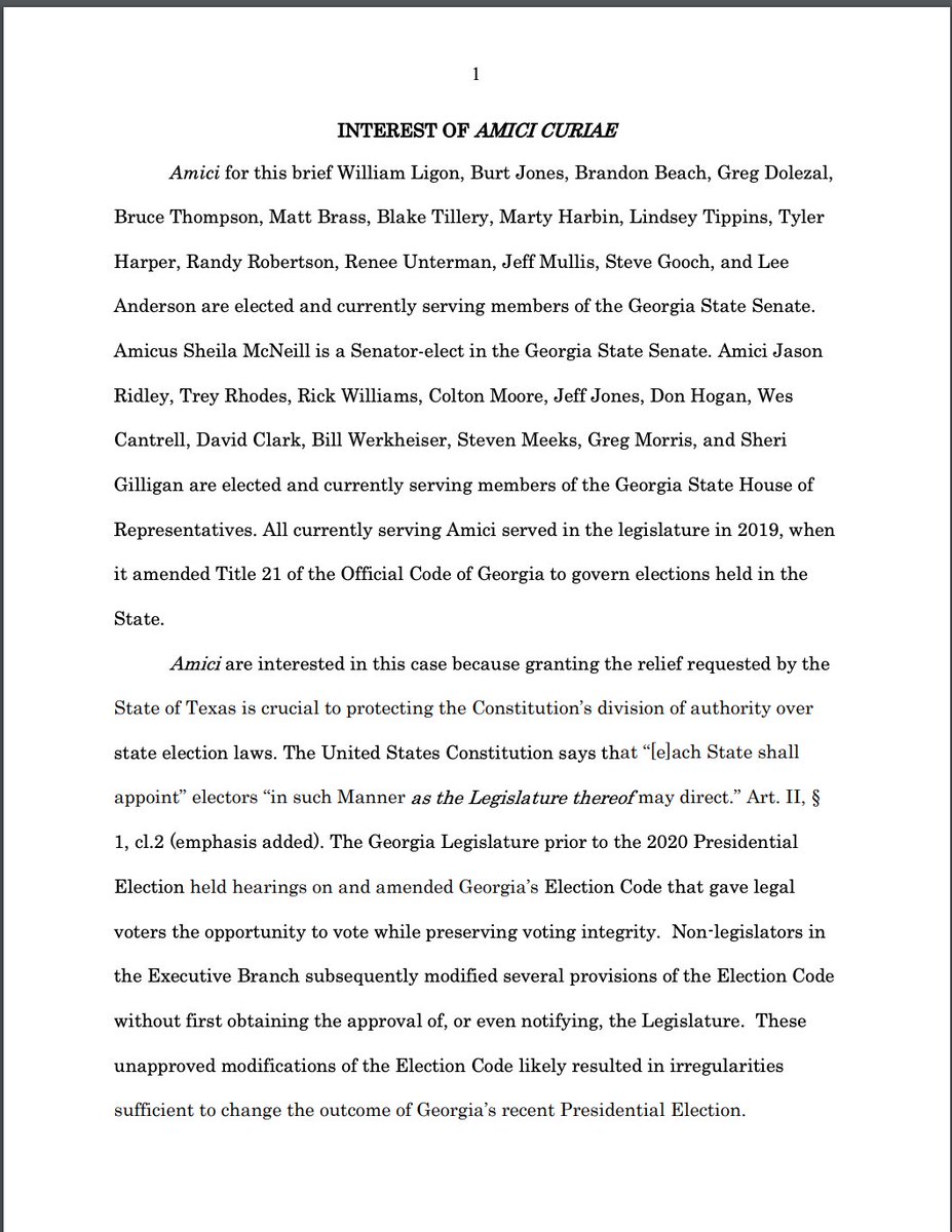 Good morning! Several Georgia state lawmakers saw the Texas AG suit seeking to overturn results in 4 battleground states, heard our AG call it "constitutionally, legally and factually wrong" and then wrote their own amicus brief.Spoiler - it's also riddled with errors.  #gapol